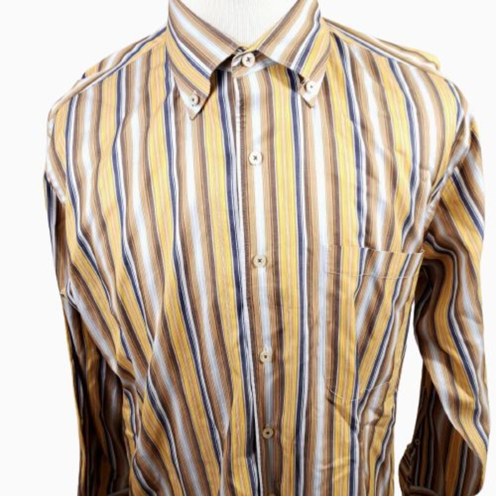 Robert Talbott Shirt Mens Large Button Down Yellow Gold Blue Striped Cotton